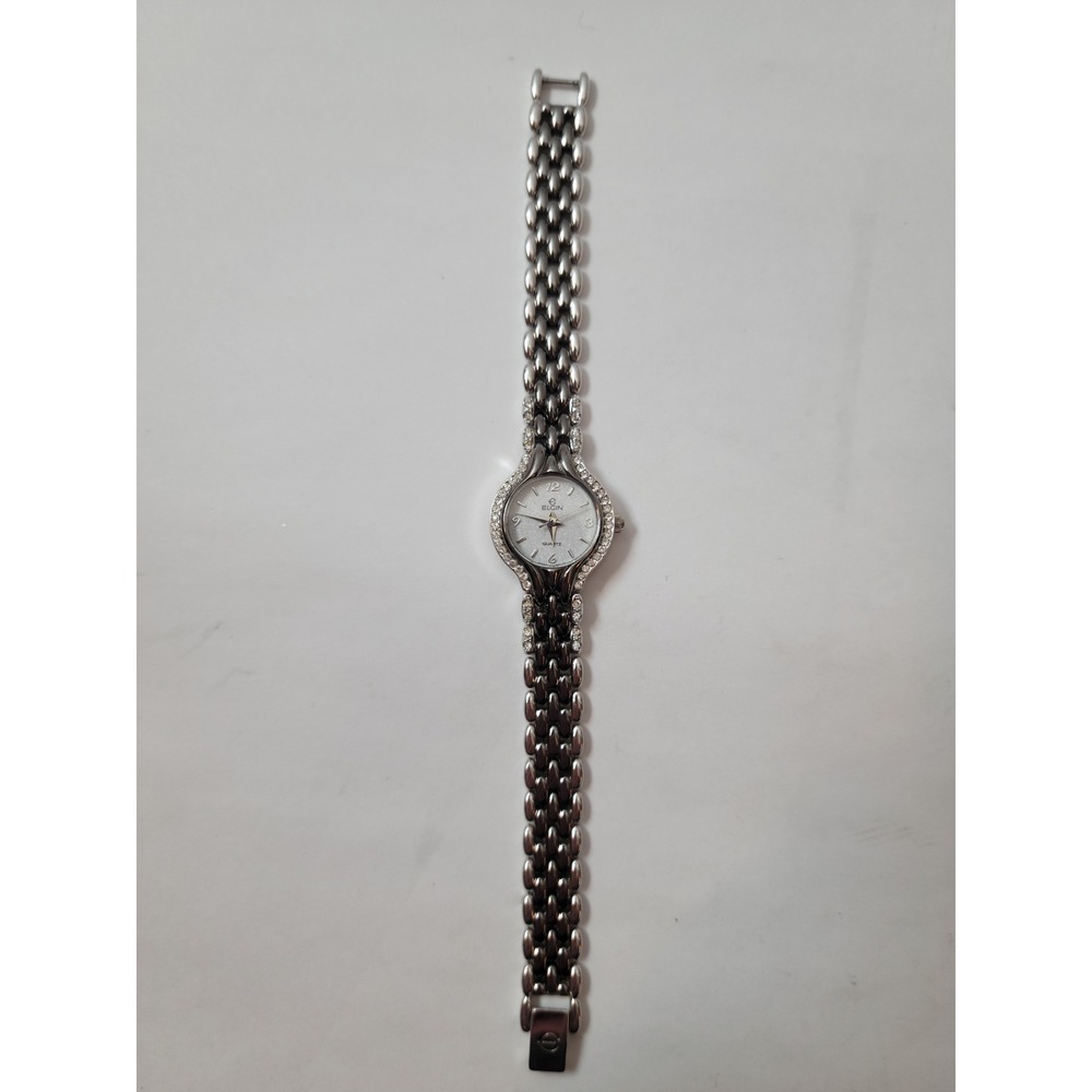 Elgin Wristwatch Women Silver Tone Crystal Bezel Glitter Dial EL877-017 Vintage